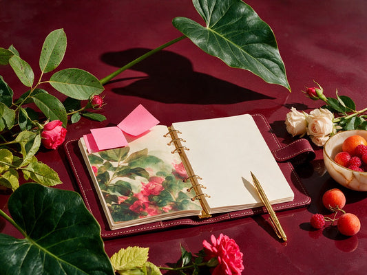 planner aperto su superficie bordeaux, penna dorata, fiori rosa/rossi che entrano nell'inquadratura, una foglia verde enorme che crea un'ombra grafica, con un post-it rosa acceso